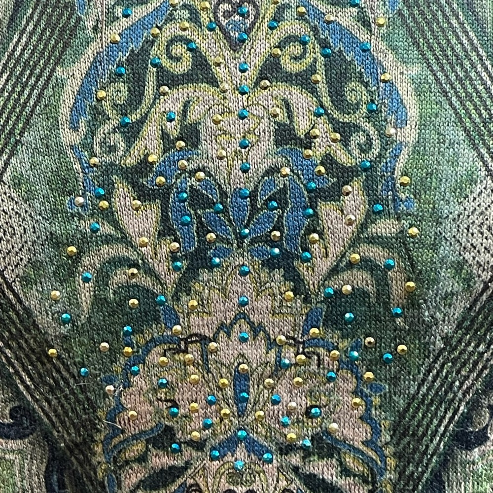 One World Paisley Tunic Top M Green Multi Embellished Asymmetric Hem bohemian - Picture 4 of 6